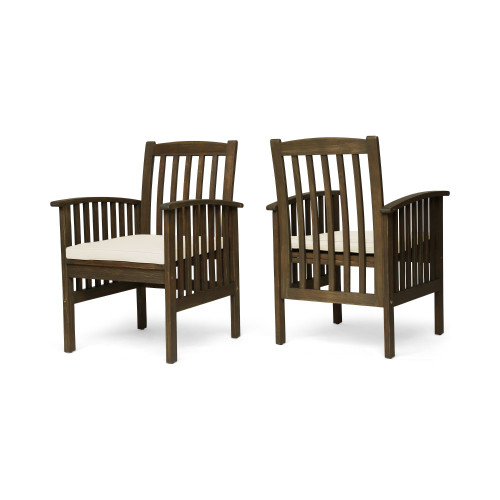2-Piece Gray Finish Outdoor Furniture Patio Dining Chairs - Cream White Cushions