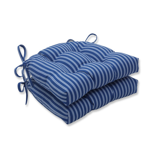 Set of 2 White and Blue Striped Patio Tufted Reversible Chair Pads 16"