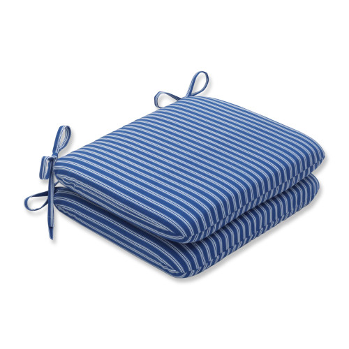 Set of 2 Blue Striped Outdoor Rounded Corners Seat Cushions 18.5"