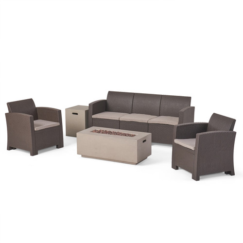 5pc Brown Outdoor Patio 5 Seater Chat Set with Fire Pit and Tank Holder 67.5"