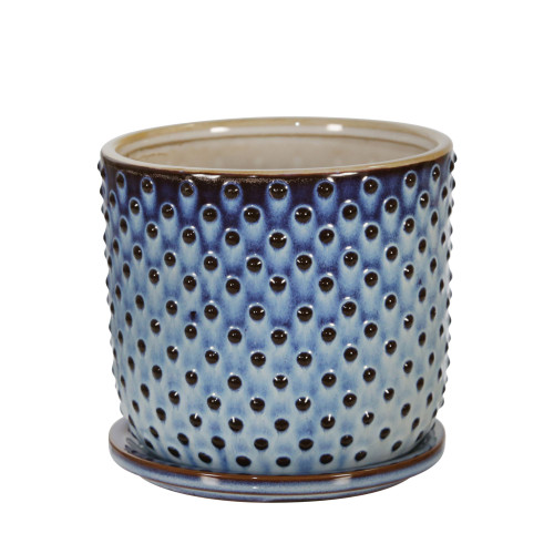 6" Blue and Black Ceramic Outdoor Dotted Planter with Saucer