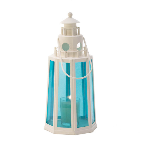 10" Blue & White Lighthouse Candle Lantern - Elegant and Radiant Home Décor