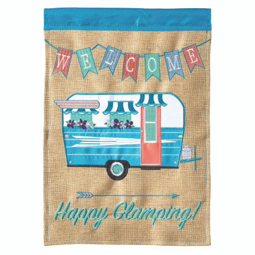 Brown and Blue 18"x13" Happy Glamping Printed Garden Flag - Durable, Sophisticated Design
