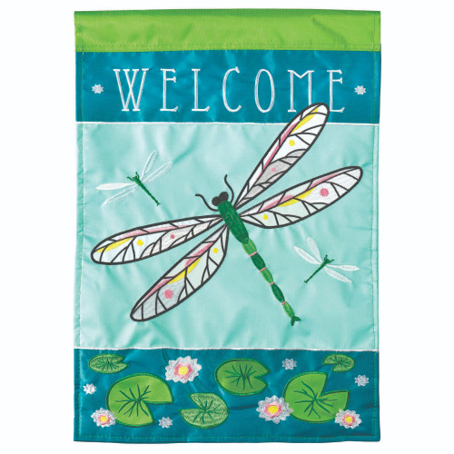 Blue and Green "WELCOME" Dragonfly Printed Outdoor Garden Flag 18"x13"