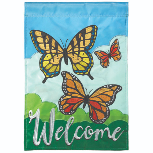 Title: Blue and Green "Welcome" Butterflies Printed Outdoor Garden Flag 18"x13"