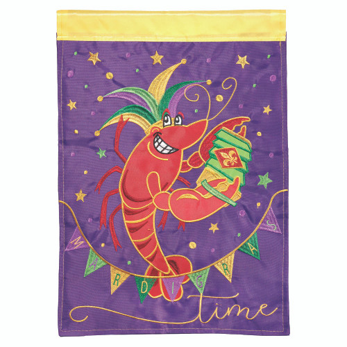 Embroidered "Mardi Gras Time" Crawfish Outdoor Garden Flag - 18" x 13"