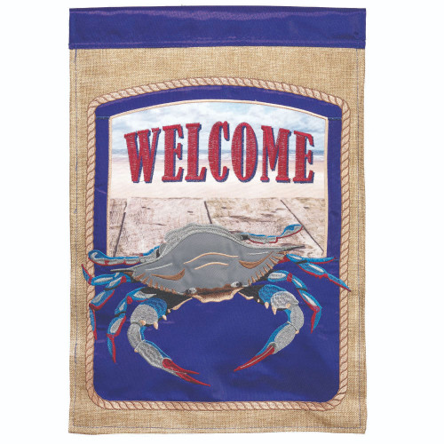 Double Applique Large Crab Welcome Outdoor Garden Flag - 18" x 13" - Blue and Gray