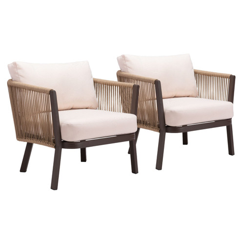 Set of 2 Beige and Brown Upholstered Outdoor Accent Chair 31.5"