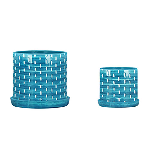 Set of 2 Aqua Blue and White Ceramic Outdoor Mesh Lines Planters with Saucers 12"