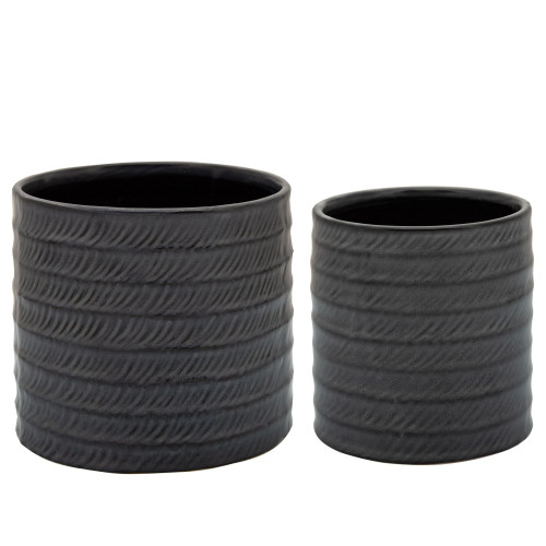 Set of 2 Black Ridged Round Outdoor Ceramic Planters 7"