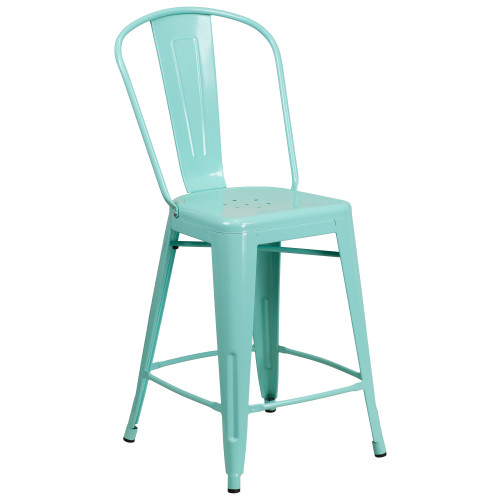 40.25" Mint Green Contemporary Outdoor Patio Counter Height Stool with Back