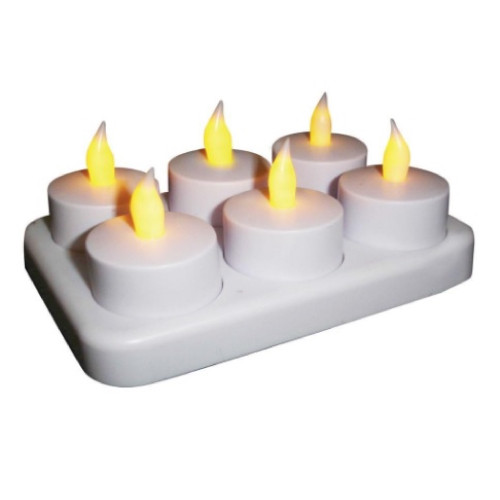 Pack of 6 White Rechargeable Flameless Tea Light Candles with Recharging Station