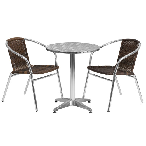 3-Piece Brown and Silver Round Outdoor Furniture Patio Table with Stack Chairs