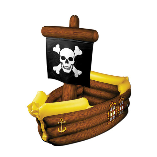 39" Giant Inflatable Brown and Yellow Pirate Ship with Crossbone Flag Decorative Party Drink Cooler