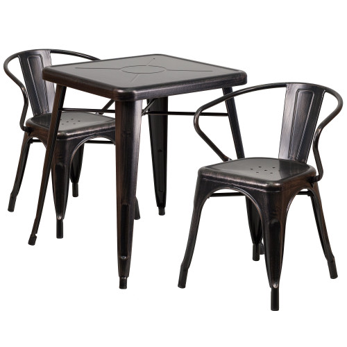 Title: Set of 3 Black and Antique Gold Square Metal Indoor-Outdoor Table with Arm Chairs 29