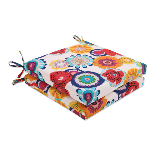 Set of 2 White and Blue Floral Outdoor Patio Square Seat Cushion with Ties 20"