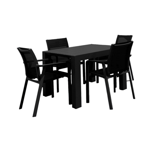 Classy 5-Piece Black Resin Patio Dining Set: Extension Table & Sling Armchairs