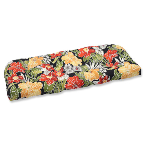 44" Black and Orange Hawaiian Flowers Outdoor Patio Wicker Loveseat Cushion