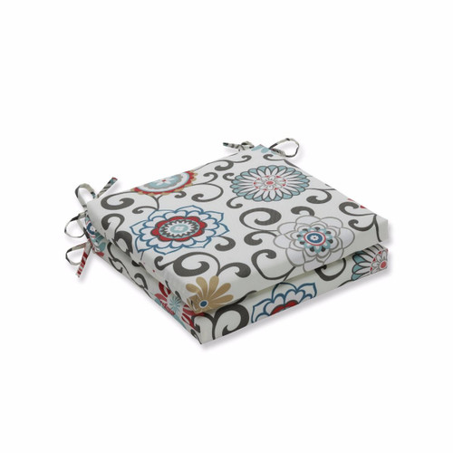 Set of 2 Blue and White Floral Square Outdoor Patio Chair Seat Cushions with Ties 20"