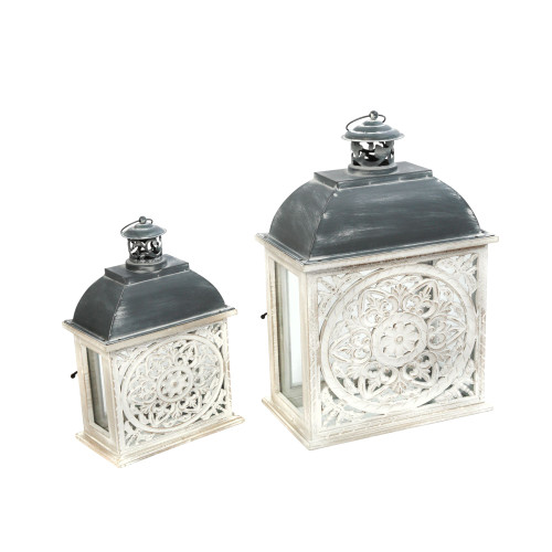 Set of 2 White and Gray Antique Style Floral Rectangular Nesting Lanterns 18.5"