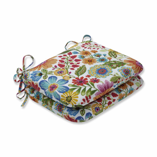 Set of 2 Vibrantly Colored Floral Pattern Rounded Corners Seat Cushions 18.5"