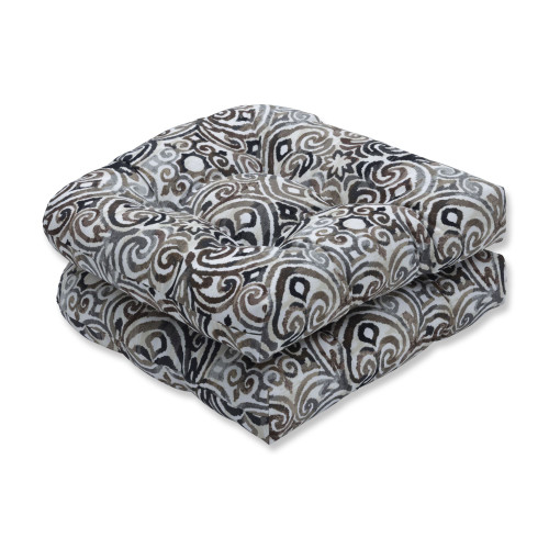 Set of 2 Black and White Damask Outdoor Patio Tufted Wicked Seat Cushions 19"