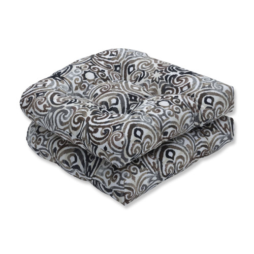 Set of 2 Damask Outdoor Patio Tufted Wicked Seat Cushions - 19" - Black and White