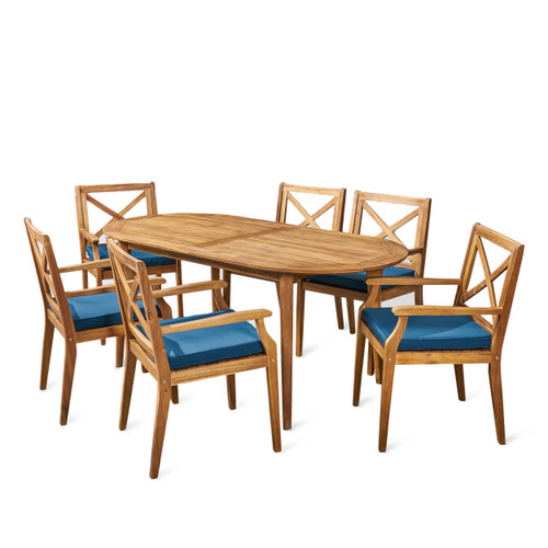 7-Piece Brown Contemporary Outdoor Furniture Patio Dining Set - Blue Cushions