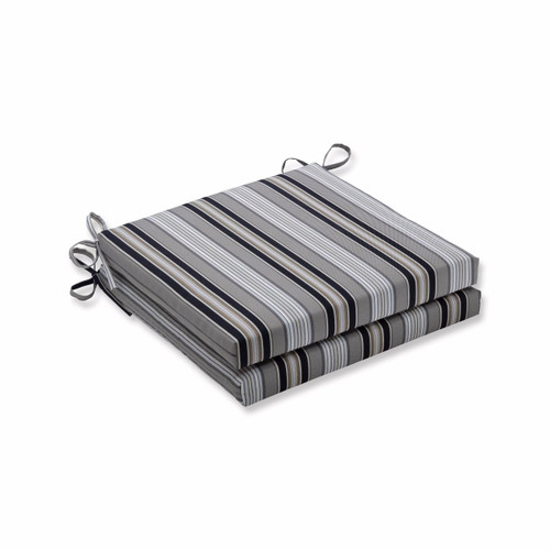 Set of 2 Black and Gray Striped Square Outdoor Patio Seat Cushion with Ties 20"