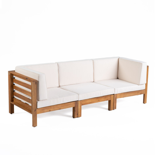 3-Piece Natural Brown Wood Finish Outdoor Furniture Patio Modular Sofa - Beige Cushions