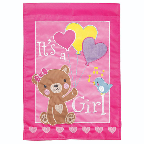 Double Applique Holding Balloons "It's A Girl" Pink Bear Outdoor Garden Flag 18" x 13"