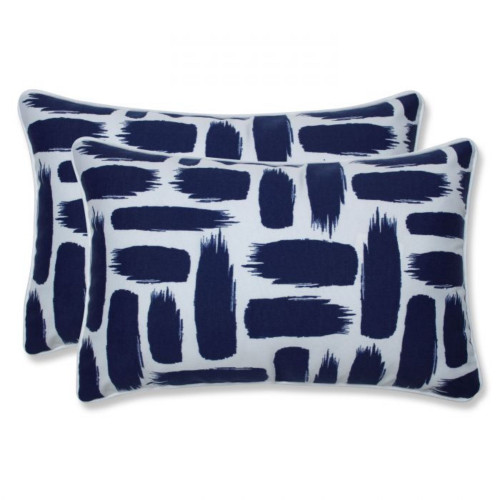 Set of 2 Navy Blue and White Paint Stokes UV Resistant Patio Rectangular Throw Pillows 18.5"