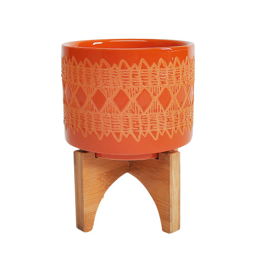 6" Orange Aztec and Brown Ceramic Outdoor Planter on Stand