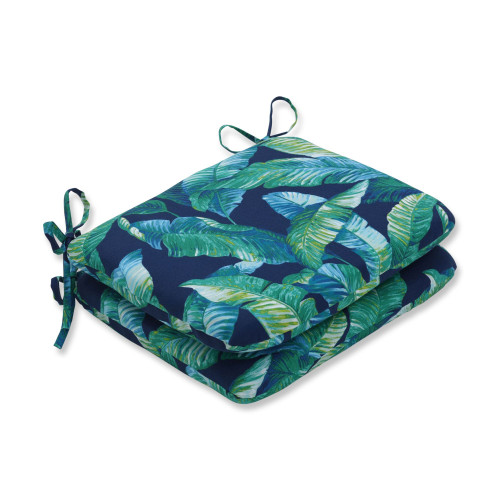 Set of 2 Navy Blue and Green Tropical Outdoor Patio Rounded Corners Seat Cushions 18.5"