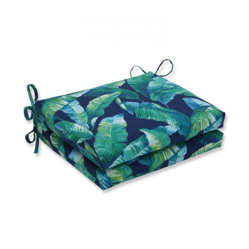 Set of 2 Navy Blue and Green Tropical Outdoor Patio Squared Corners Seat Cushions 18.5"
