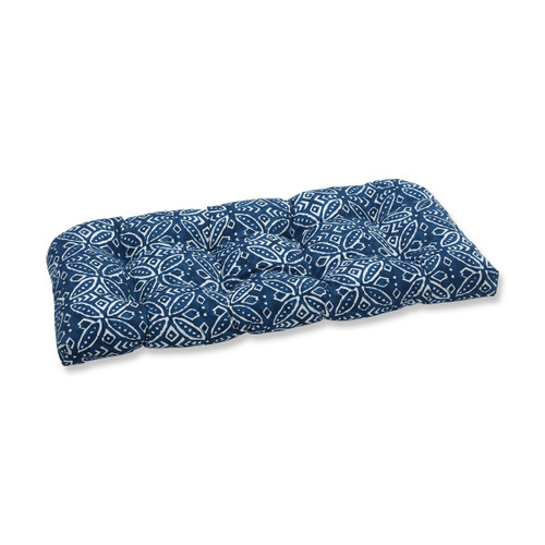 44" Blue and White Tufted Outdoor Wicker Loveseat Cushion