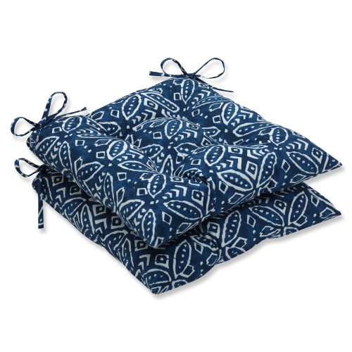 Set of 2 Navy Blue and White Floral Outdoor Patio Tufted Seat Cushions 19"