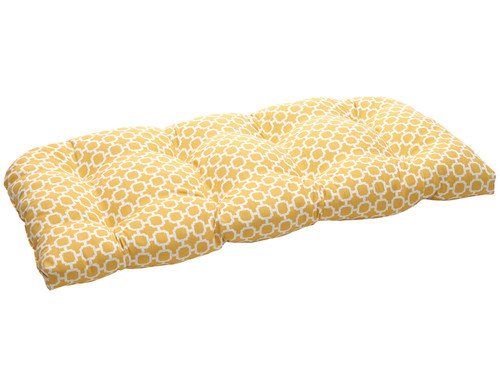 44" Yellow and White Reversible Outdoor Patio Wicker Tufted Loveseat Cushion