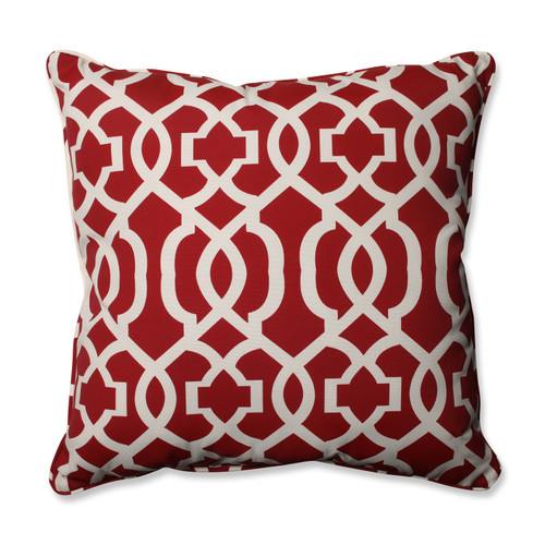 25" Brick Red and White Square Geometric Outdoor Patio Floor Pillow