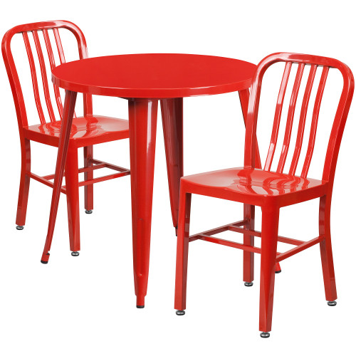 Set of 3 Round Red Metal Indoor and Outdoor Table with Vertical Slat Back Chair Set 33.25"