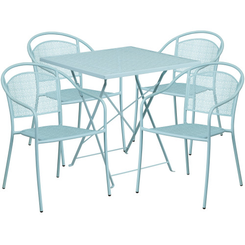 Set of 5 Sky Blue Square Outdoor Patio Folding Table with Round Back Armchairs