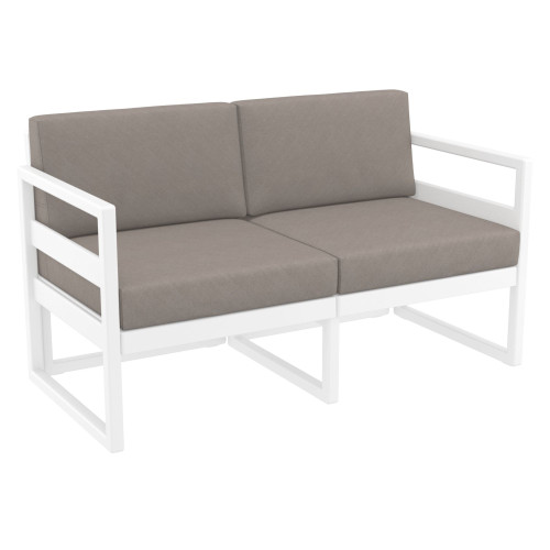 Ultimate Comfort: 33" x 55" White Outdoor Patio Loveseat with Sunbrella Taupe Brown Cushion