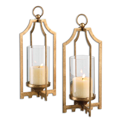 Set of 2 Metallic Gold Metal with Clear Glass Globes Decorative Candle Holders 13"