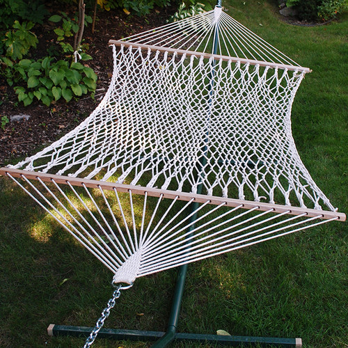 11' White Macrame Netted Hammock with Wooden Bars