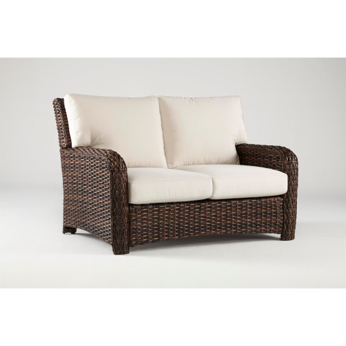 56" Tobacco Brown Synthetic Wicker Loveseat with Blue Cushion