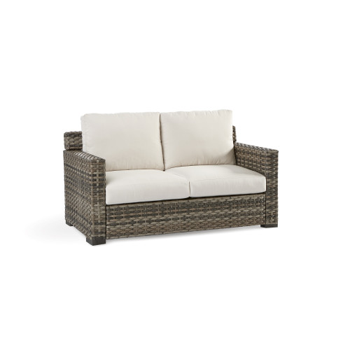 56" Taupe Synthetic Wicker Loveseat with Blue Cushion