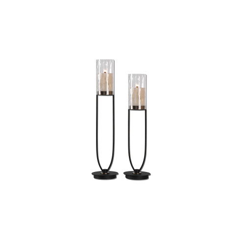 Set of 2 Matte Black Iron Work with Coffee Bronze Candle Holder