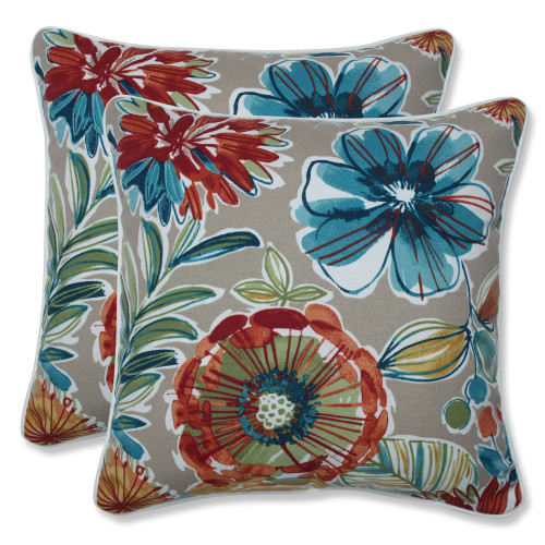 Set of 2 Gray Floral UV Resistant Patio Corded Square Throw Pillows 16.5"