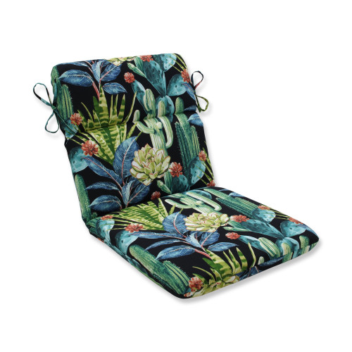 40.5" Green and Black Floral Outdoor Patio Rounded Corners Chair Cushion