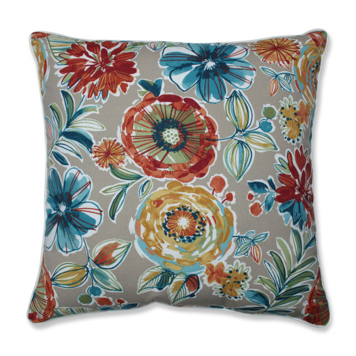 25" Gray and Red Floral UV Resistant Patio Square Floor Pillow